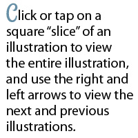 Click or tap on a square slice of an illustration to view the entire illustration, and use the right and left arrows or arrows on the keyboard to view the next and previous illustrations.